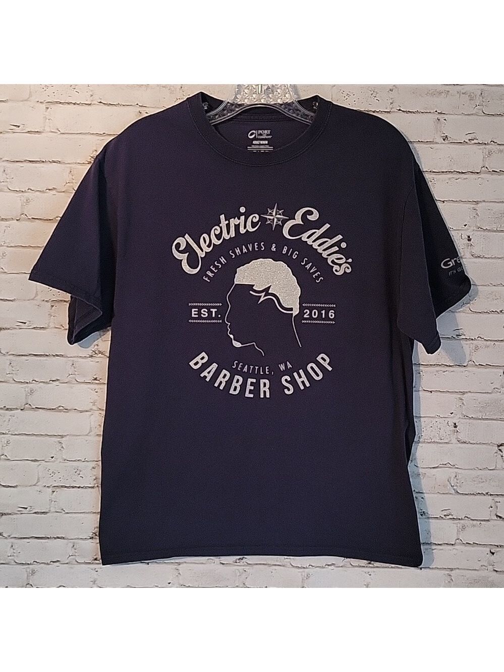Electric Eddie's Barber Shop Seattle, WA T-Shirt, Unisex, Blue, Size Medium